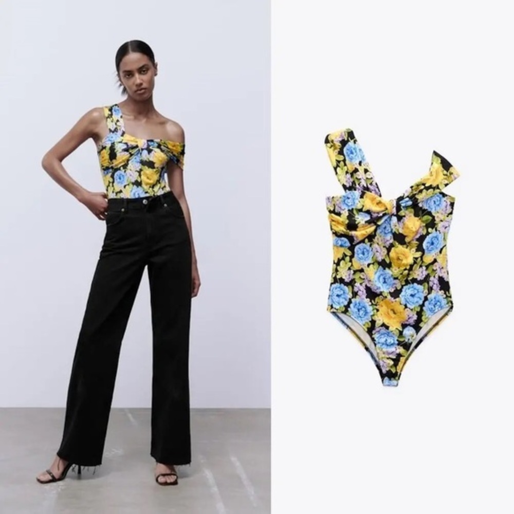 Zara Black Floral Bodysuit with Knot Size L